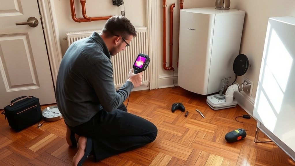 Engineer locating central heating leak using thermal imaging in North Kensington